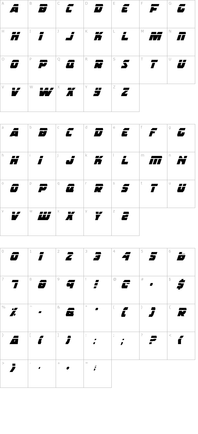 Rogue Hero Laser Italic character map