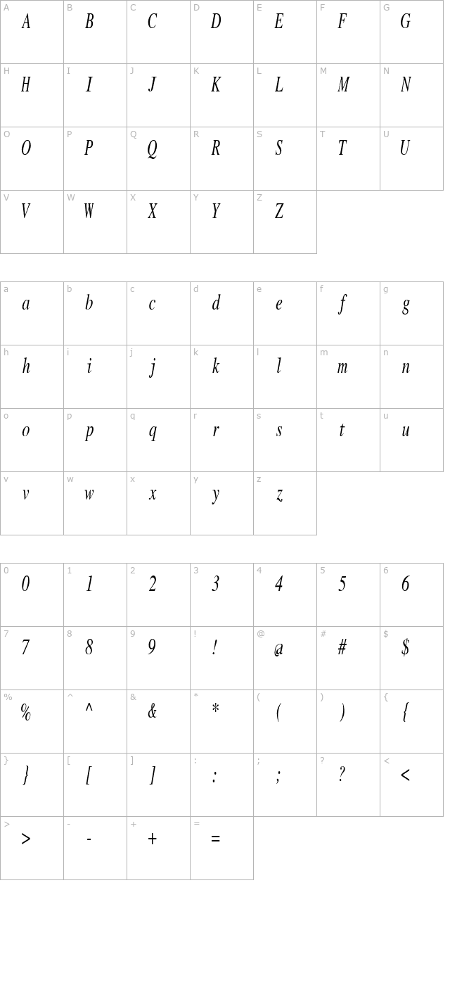 RomanMonoCondensed Italic character map