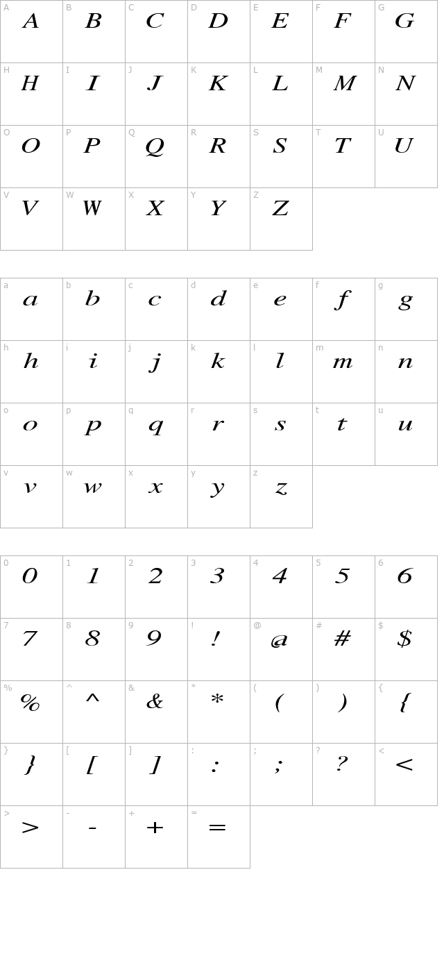 RomanMonoExtended Italic character map