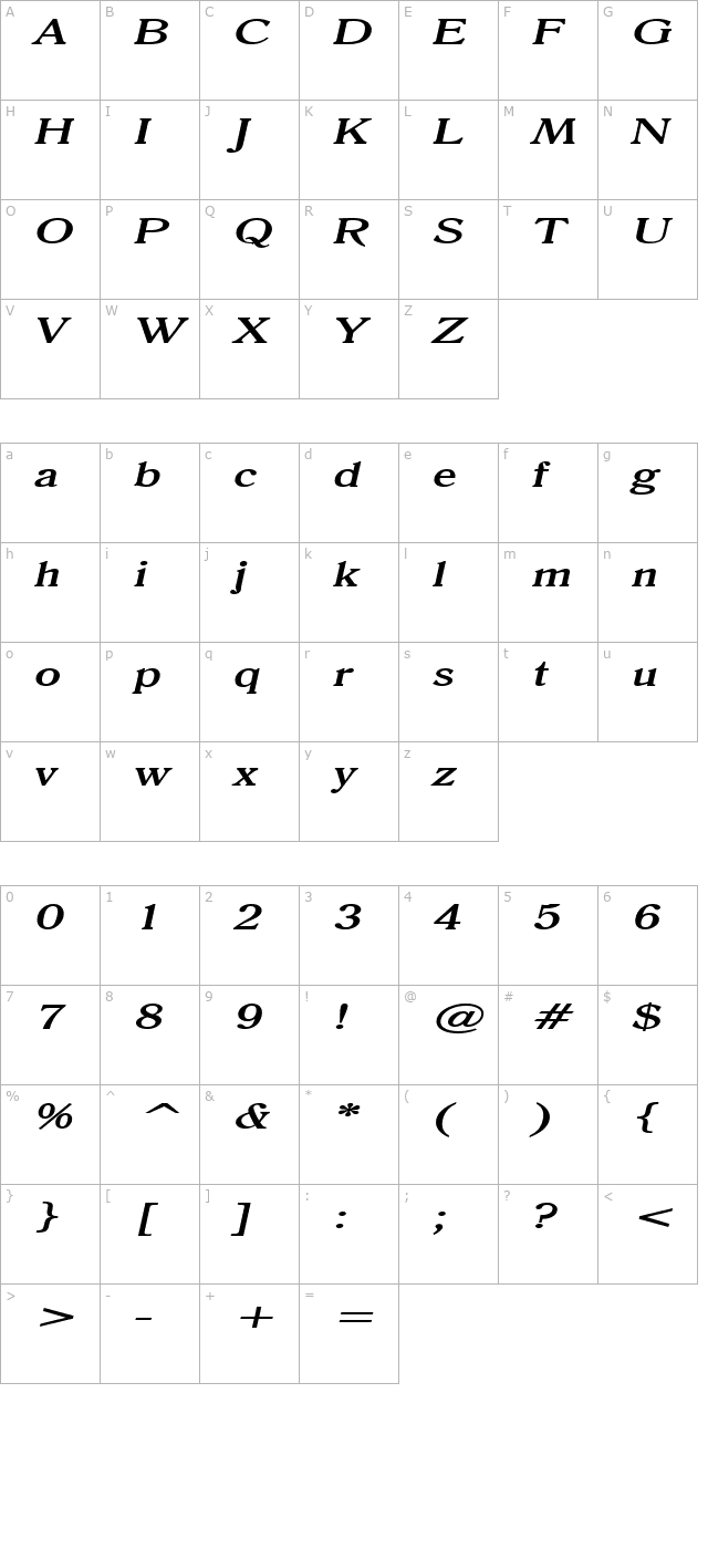 Roomy Extended BoldItalic character map