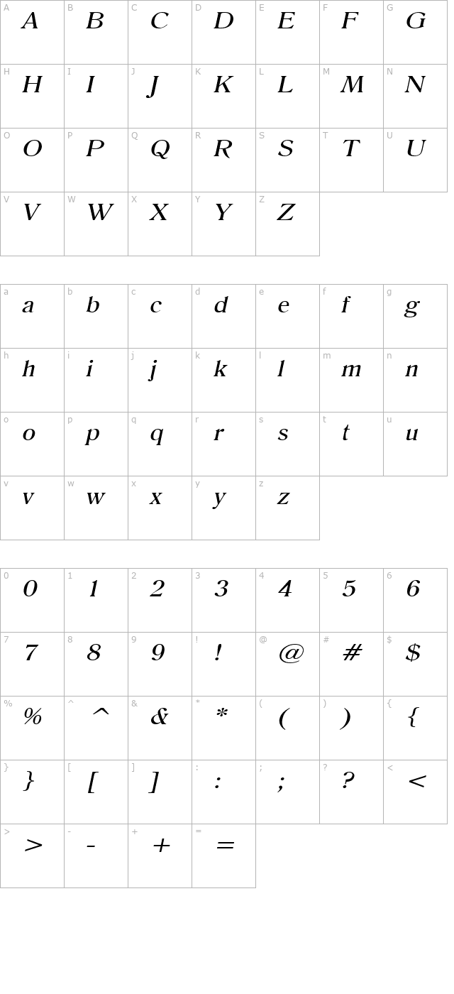 Roomy Wide Italic character map