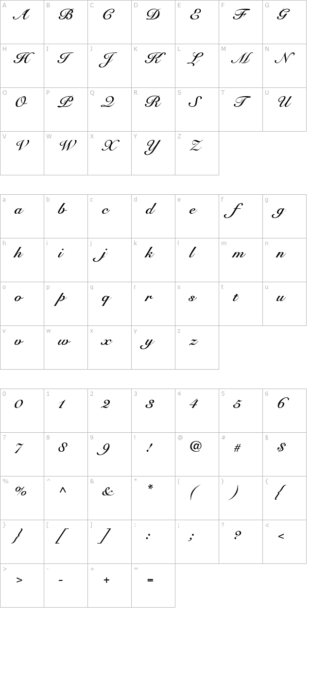 Roundhand-Bold character map