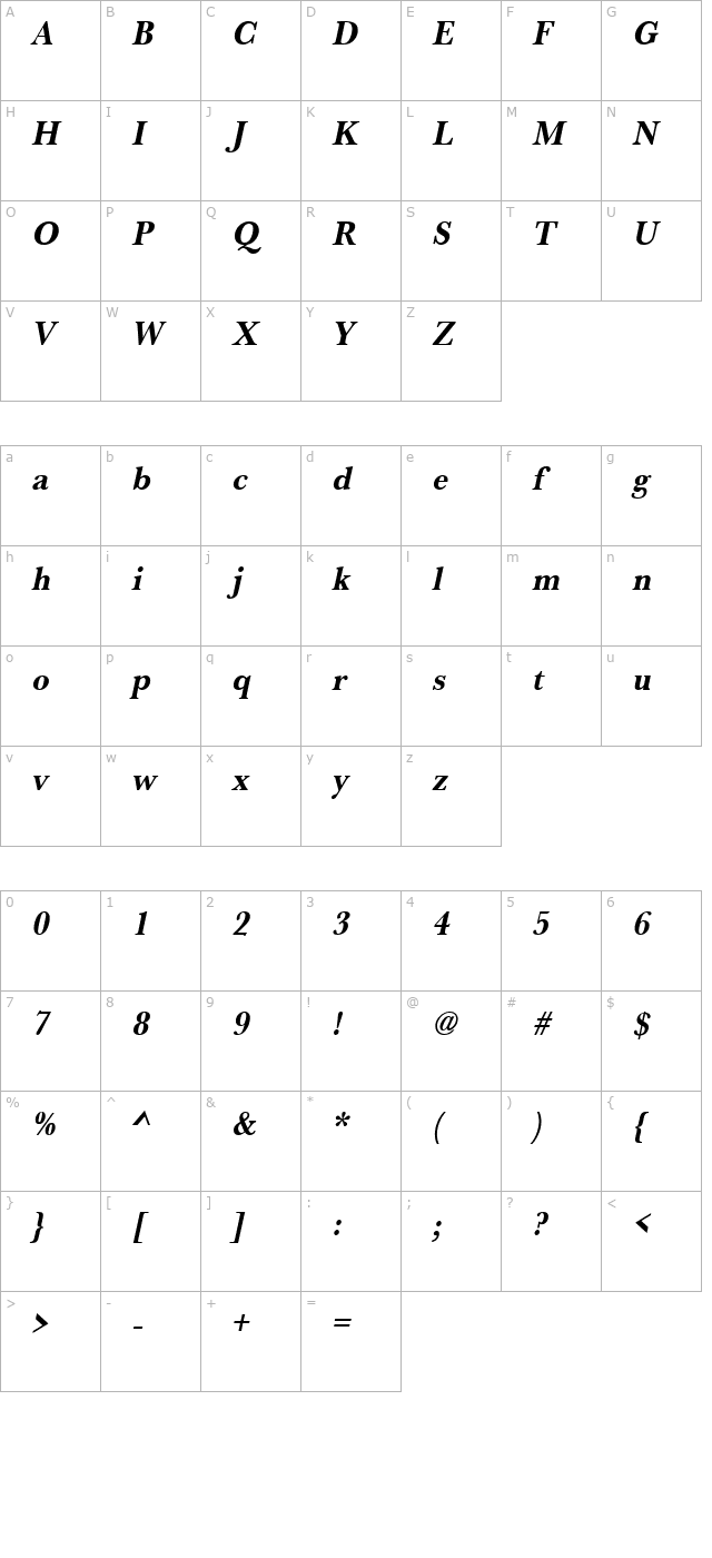 RoxanneBeckerNarrow Bold Italic character map