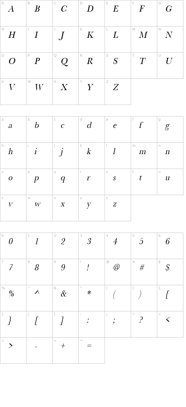 RoxanneBeckerNarrow Italic character map