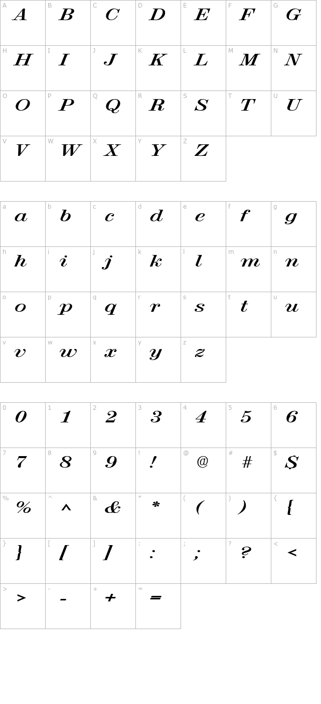 RubyScriptBroad Bold character map