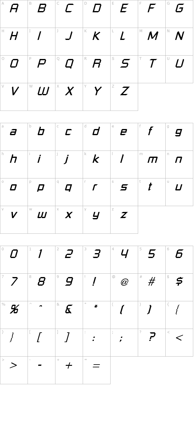 Russell Square Italic character map