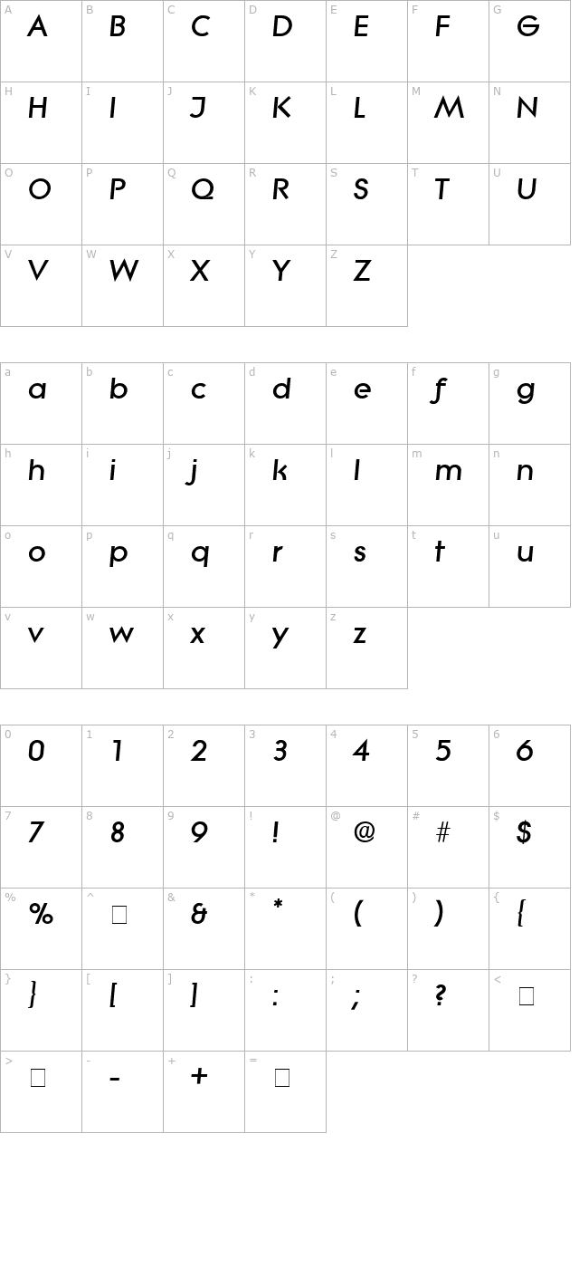 Sabor Display SSi Italic character map