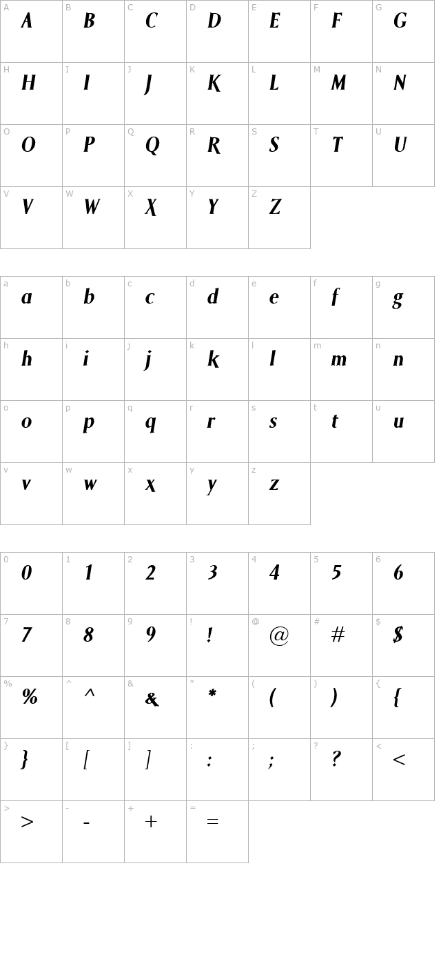 Saga BoldItalic character map