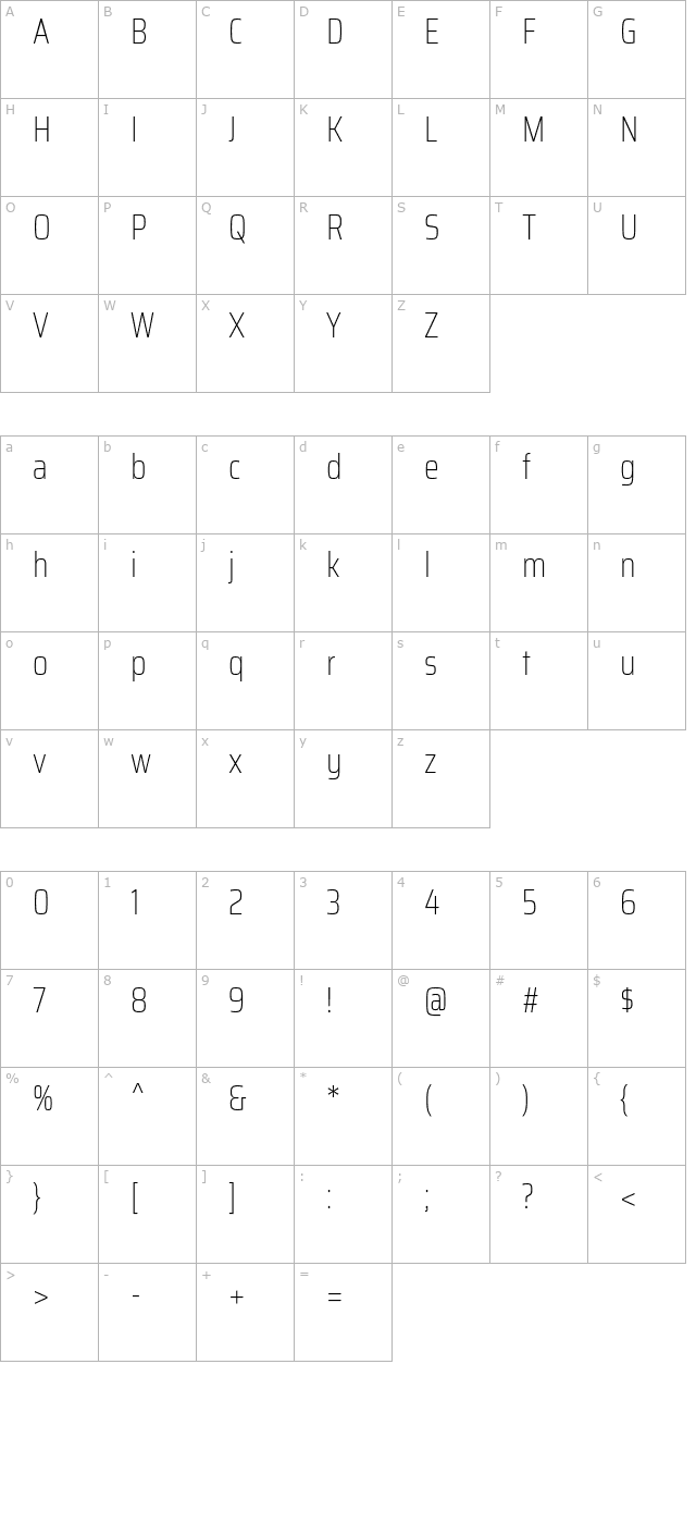 Saira Condensed Thin character map