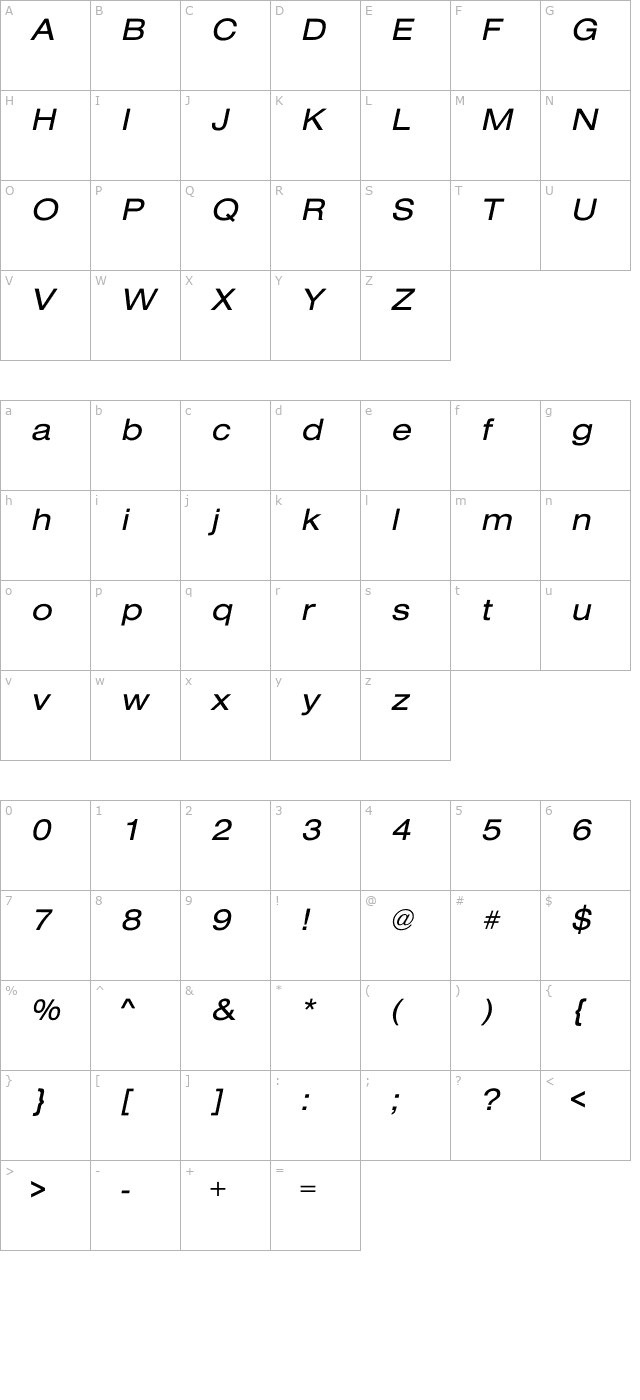 Sans Extended Oblique character map