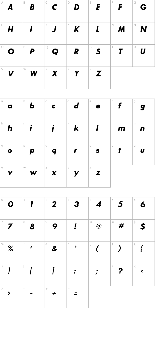 sansserifbldflf-italic character map