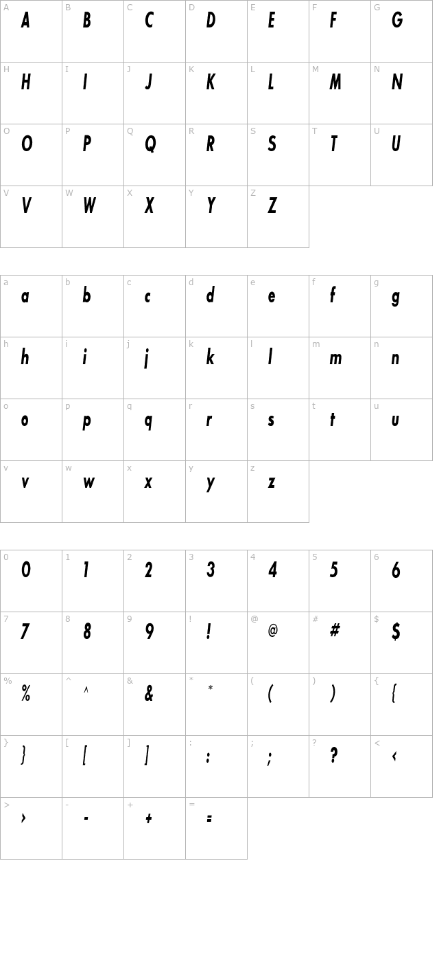 SansSerifBldFLFCond-Italic character map