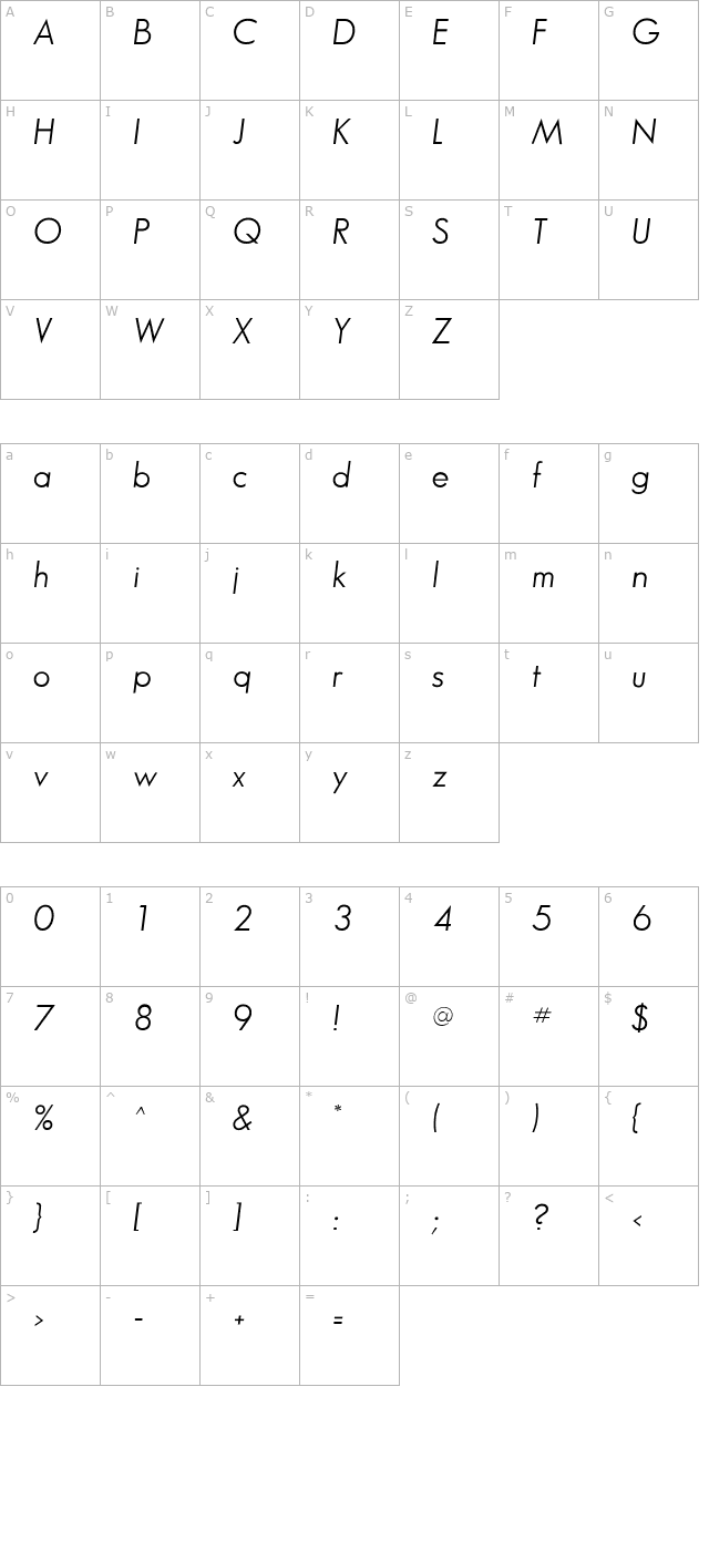 sansserifbookflf-italic character map