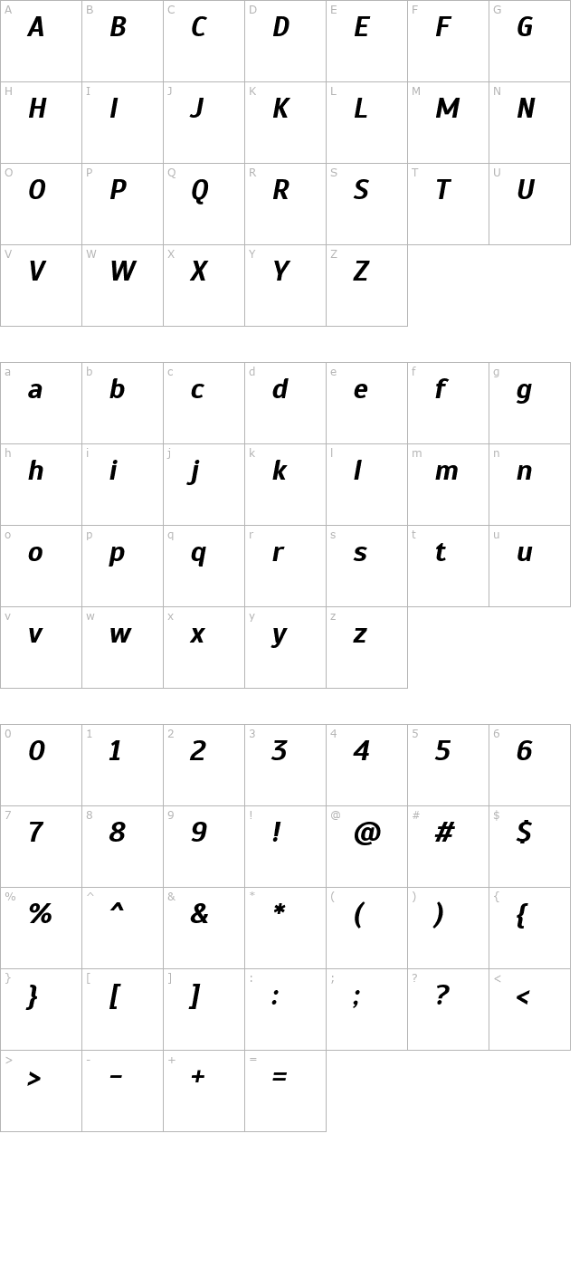 Scada Bold Italic character map