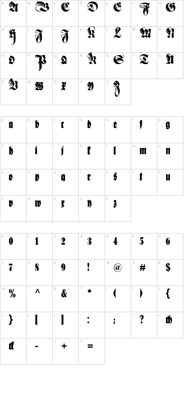 Schmale Anzeigenschrift Zier character map