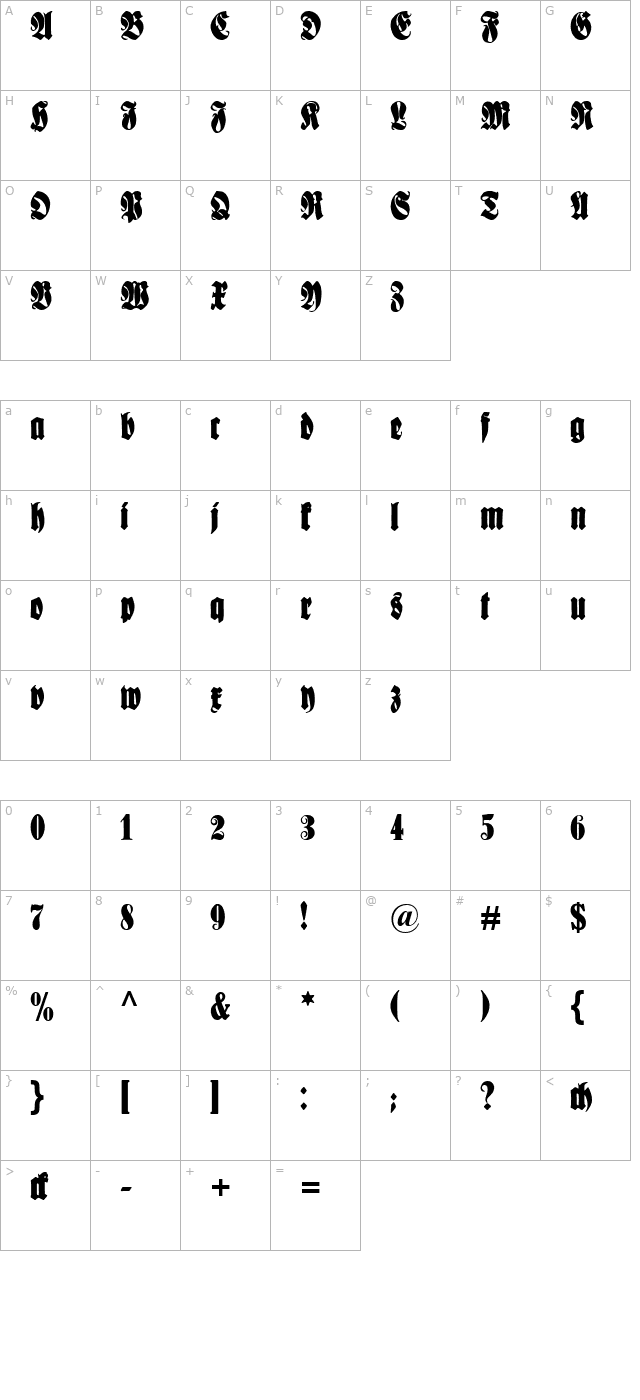 Schmale Anzeigenschrift character map