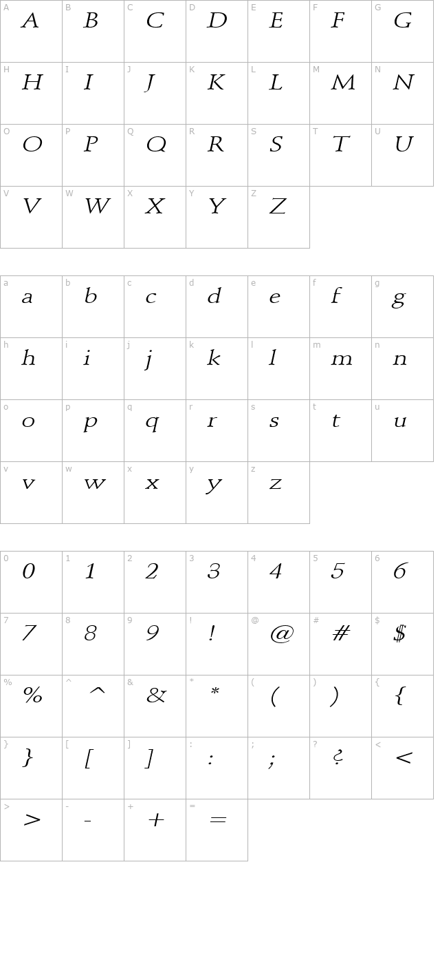 Schroeder Wide Italic character map