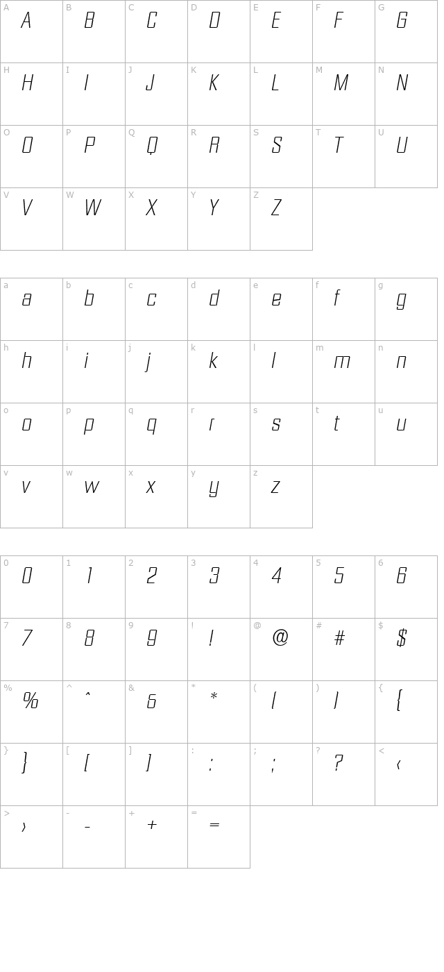 SeanBecker-ExtraLight Italic character map