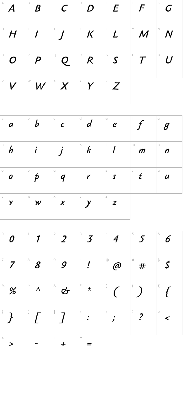 SebastianLightUCF-BoldItalic character map