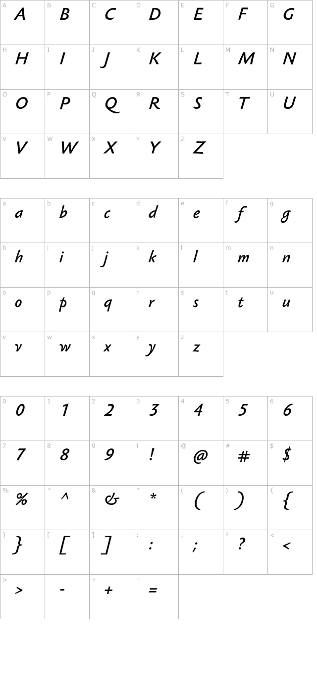 SebastianMediumUCF-Italic character map