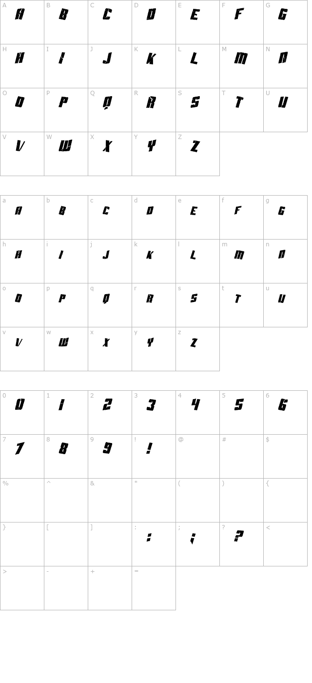 SF Aftershock Debris Condensed Italic character map