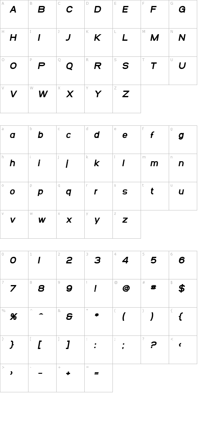 SF Arborcrest Heavy Oblique character map