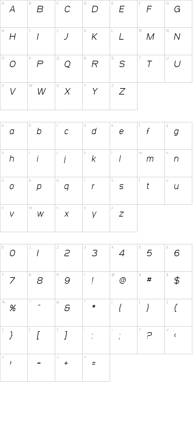 SF Arborcrest Light Oblique character map