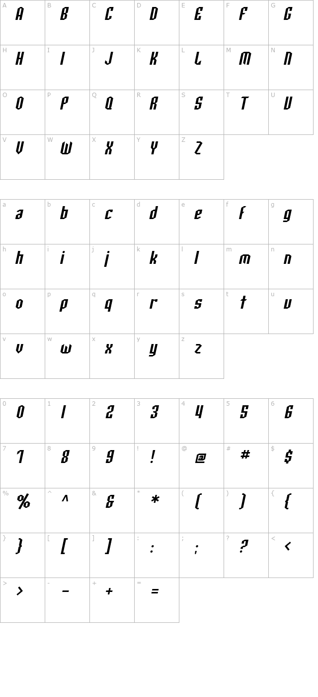 SF Archery Black Oblique character map