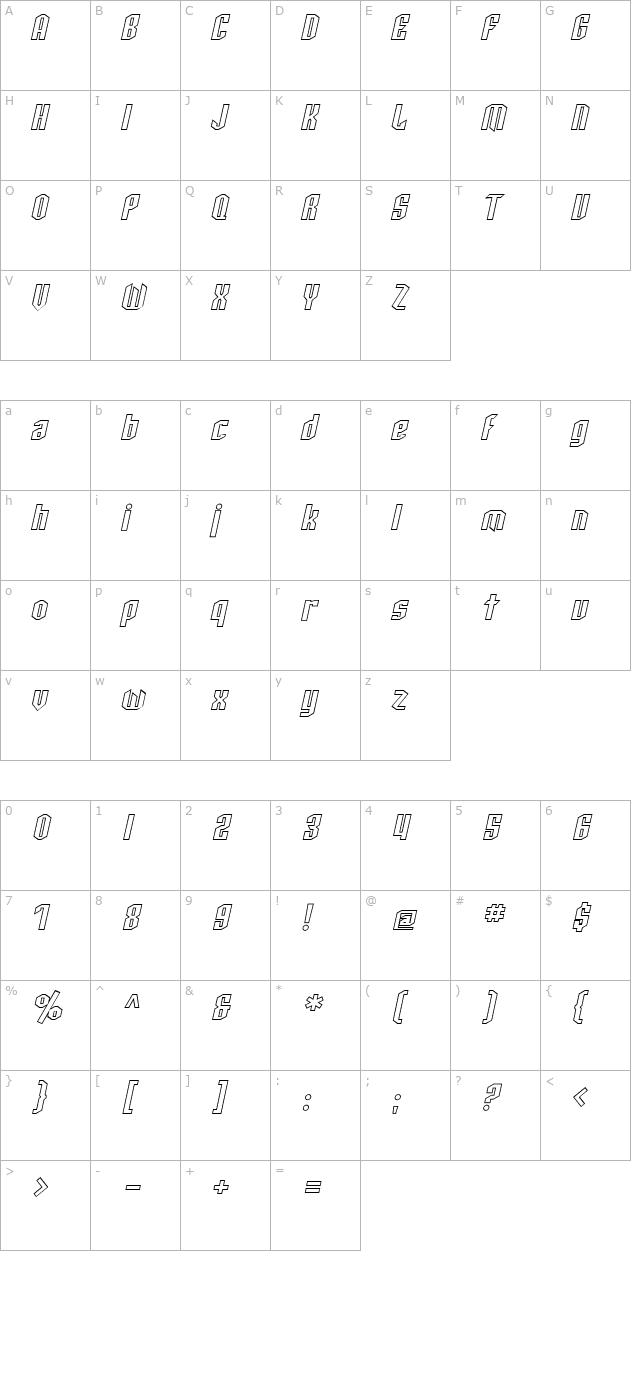 SF Archery Black Outline Oblique character map