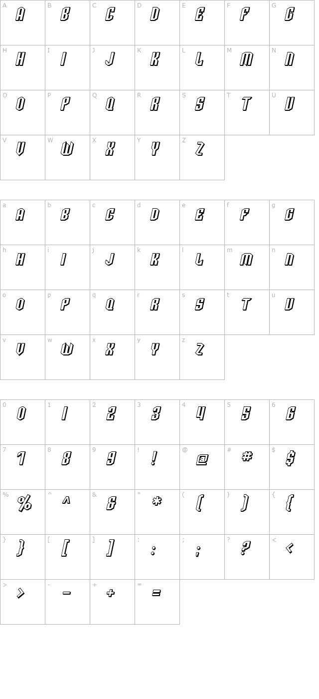 SF Archery Black SC Shaded Oblique character map