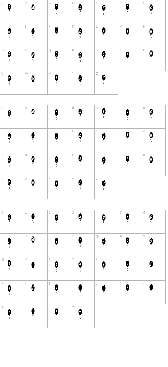 SF Balloons Thin Italic character map