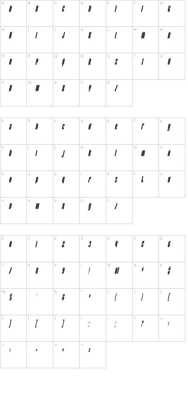 SF Baroquesque Oblique character map