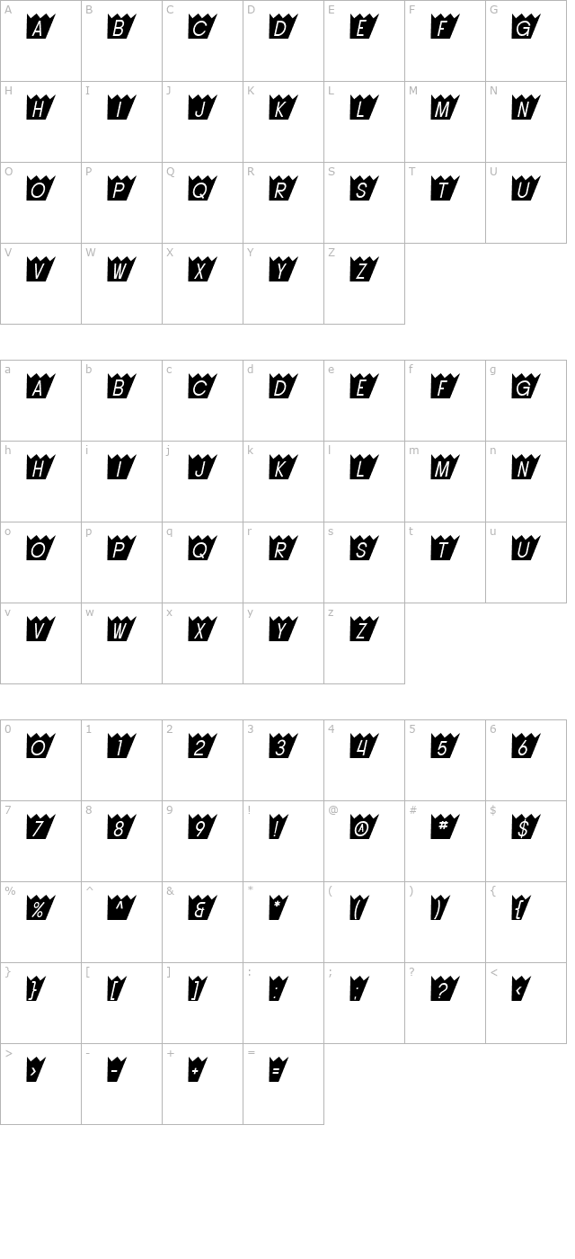 SF Buttacup Oblique character map