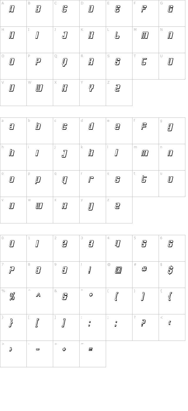 SF DecoTechno Shaded Oblique character map