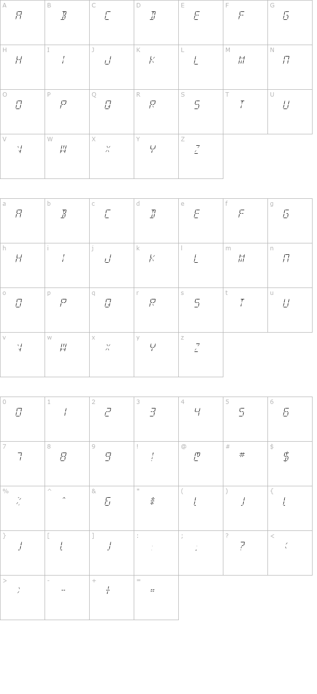 SF Digital Readout Light Oblique character map