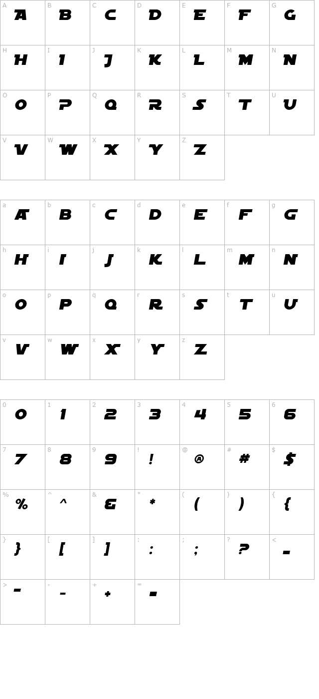 SF Distant Galaxy Alternate Italic character map