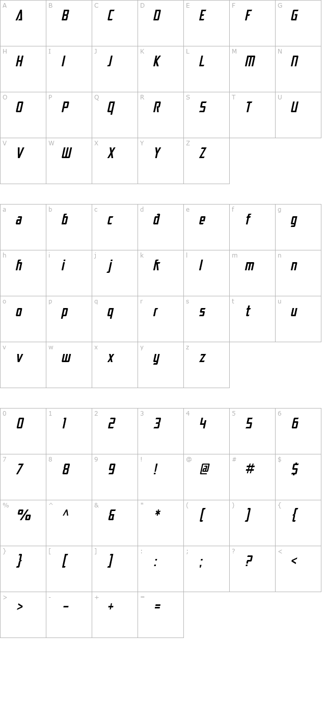 SF Electrotome Condensed Oblique character map