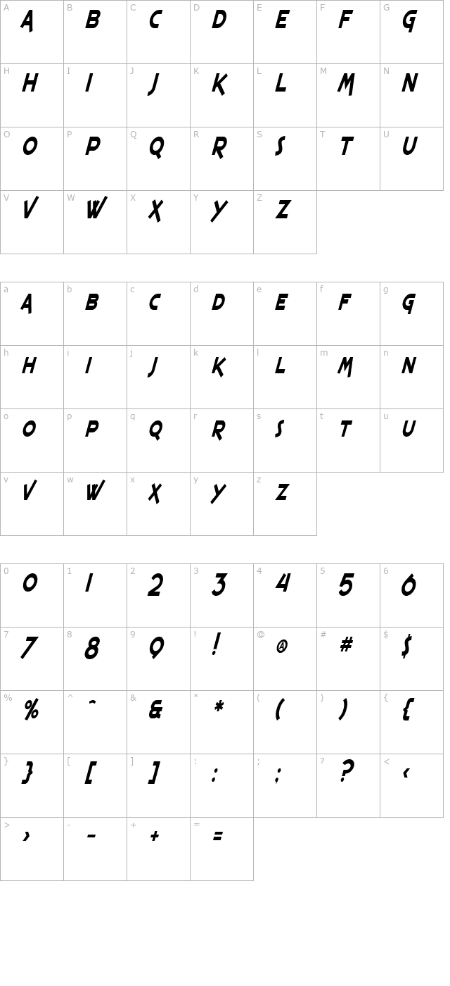 SF Espresso Shack Condensed Italic character map