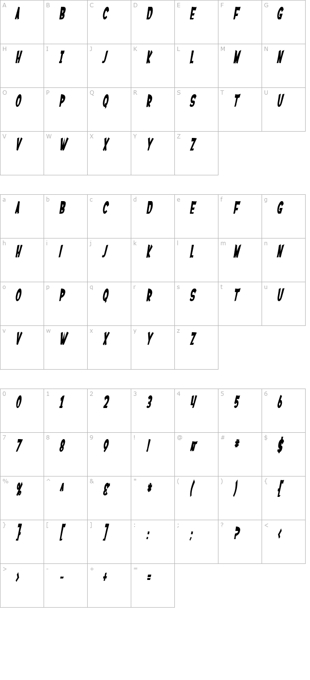 SF Ferretopia Bold Oblique character map