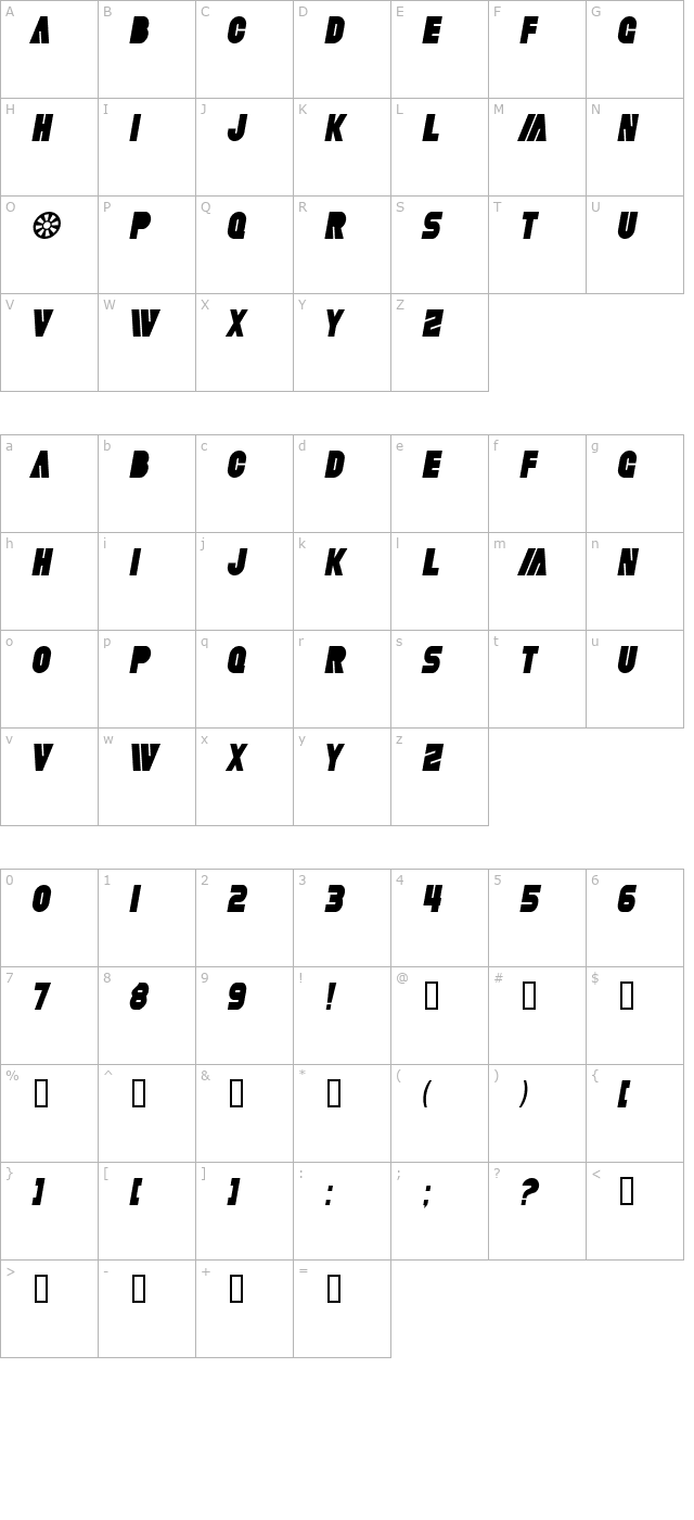 SF Fortune Wheel Condensed Italic character map