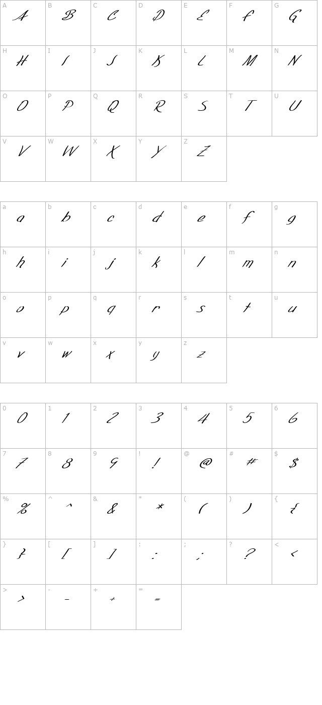 SF Foxboro Script Extended Italic character map