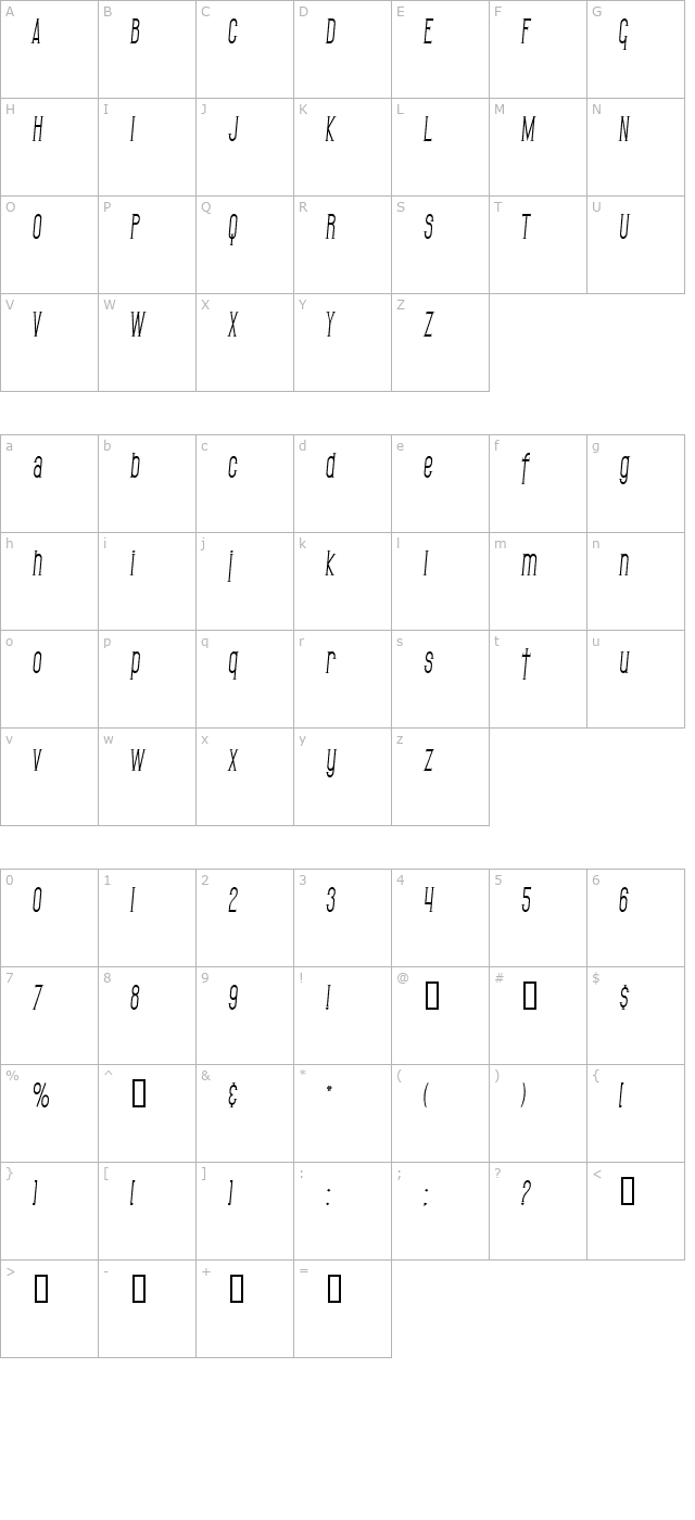 SF Gothican Condensed Italic character map