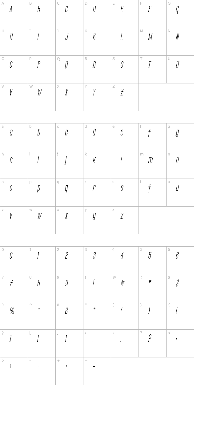 SF Gothican Condensed Oblique character map