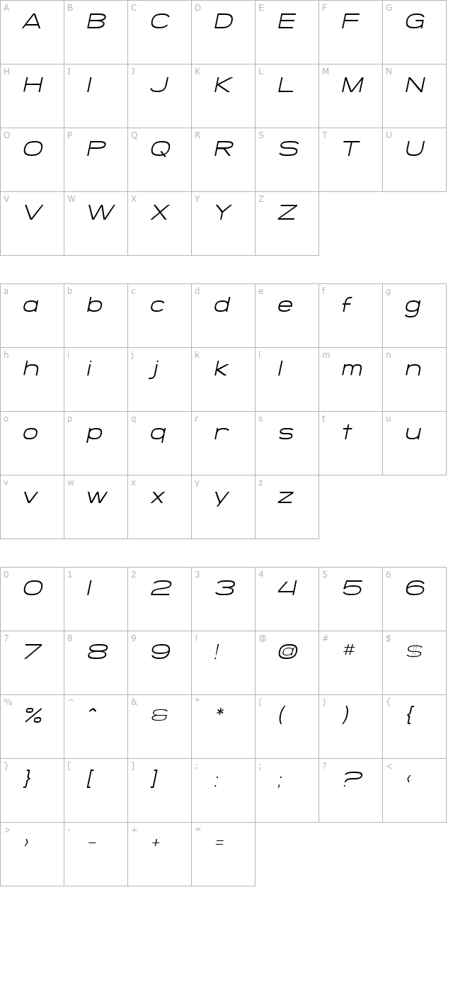 SF Grandezza Light Oblique character map