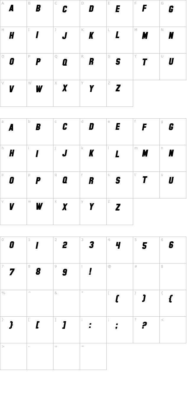 SF Hollywood Hills Bold Italic character map