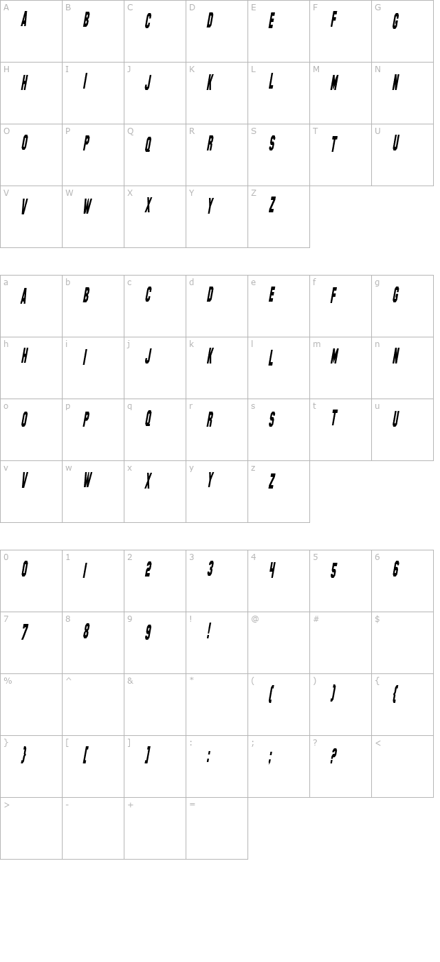 SF Hollywood Hills Condensed Italic character map