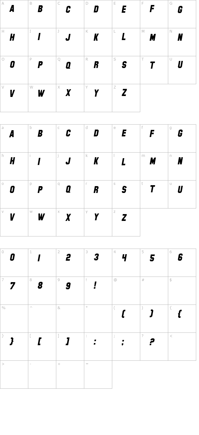 SF Hollywood Hills Italic character map