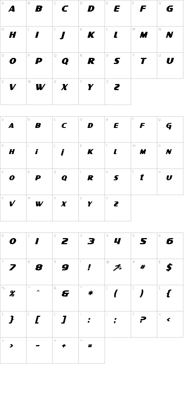 SF Intellivised Bold Italic character map