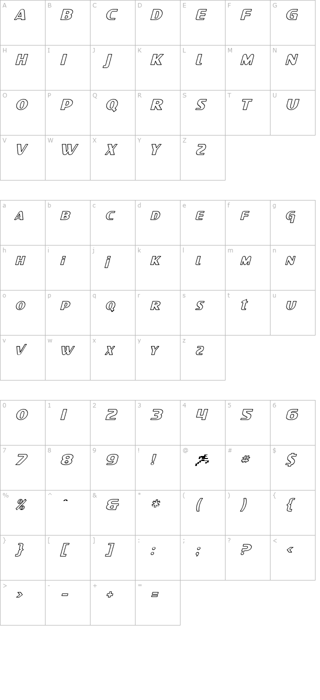 SF Intellivised Outline Italic character map