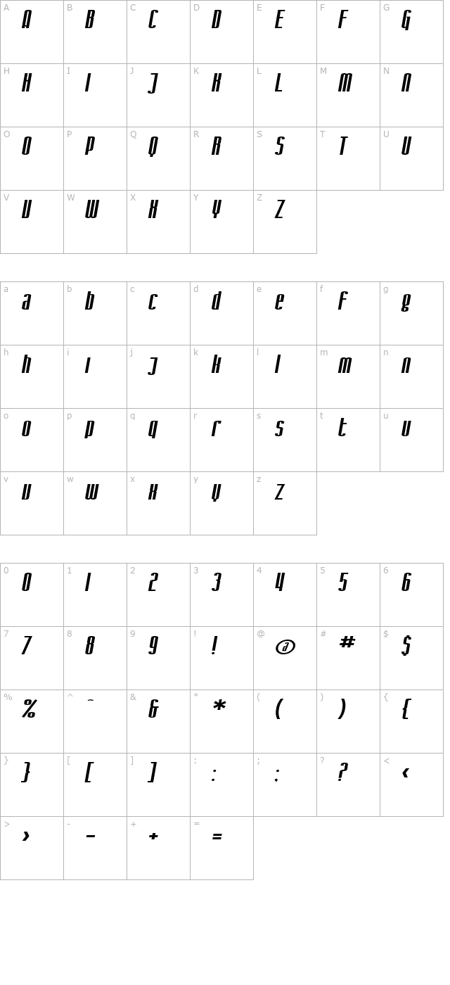 SF Iron Gothic Extended Oblique character map